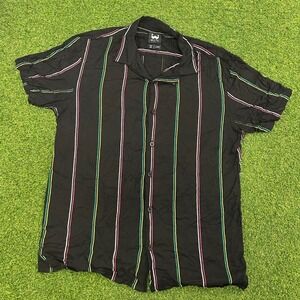 WXYZ Mfg‎ Co Mens Large Black Striped Short Sleeve Button Down Camp Shirt